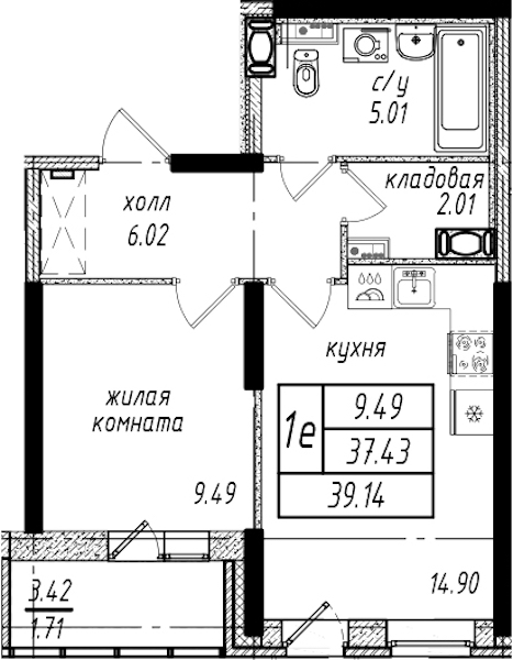 1-комнатная квартира 39.14 м², 2/25 эт., ЖК «Северная Долина»